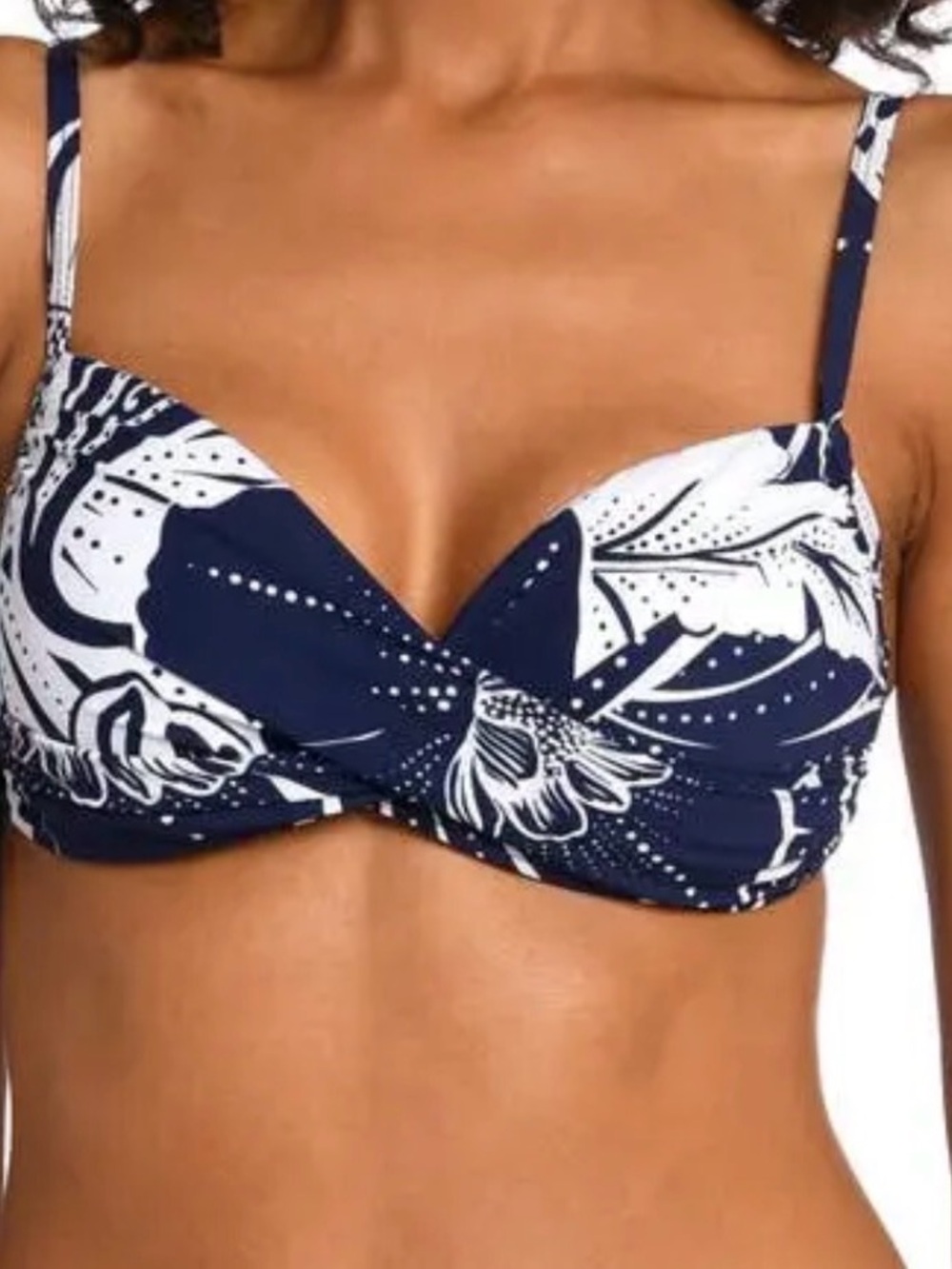 La Blanca Navy and White Floral Twist-Front Bikini Top